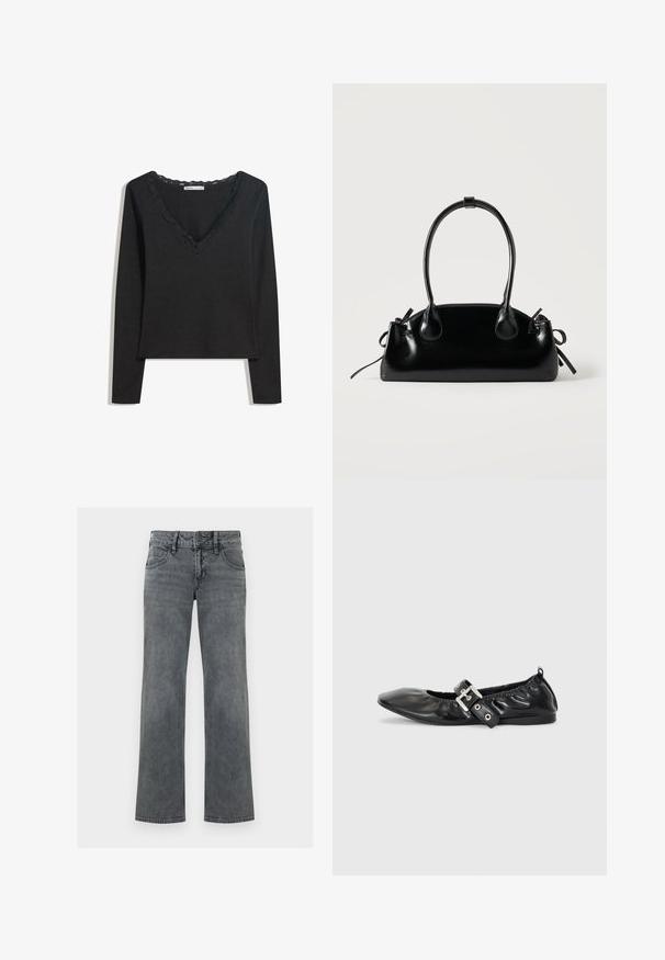 Sort langærmet top lavet af blødt stof. Har en dyb V-hals med scallop-besat kant og en tætsiddende silhuet. Ingen synlige mønstre.; Grå denimjeans med lige ben, lynlås og knap foran samt fem-lomme-design, vist mod en hvid baggrund.; Sorte læder flade sko med spids tå, samling detaljer omkring åbningen, og en sølv spænde accent på den justerbare rem.; Lille sort blank håndtaske med to lange håndtag og snøre-detaljer i siden på en ensfarvet lys baggrund.