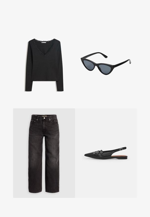 Zwarte lange mouwen top van zachte stof. Heeft een diepe V-hals met een golvende kantafwerking en een aansluitende silhoeet. Geen zichtbare patronen.; Levi's® BAGGY DAD - Baggy jeans - shrink up; Zwarte leren slingback ballerina met spitse neus, voorzien van twee horizontale bandjes en vierkante zilveren gespen, lage hak en een gladde textuur.; Zwarte cat-eye zonnebril met donkergrijze lenzen, slank plastic frame, puntige hoeken en rechte pootjes. Geen zichtbare hardware of accenten.