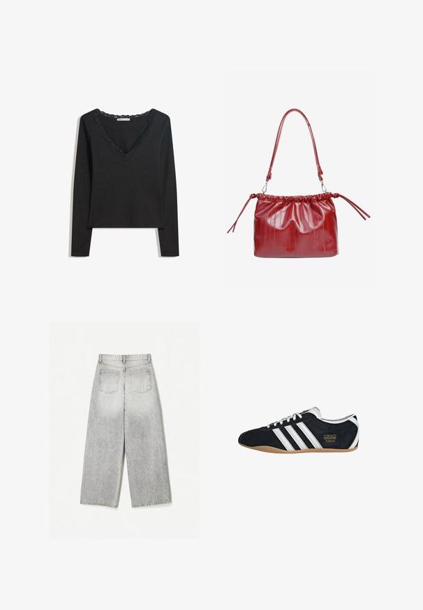 Sort langærmet top lavet af blødt stof. Har en dyb V-hals med scallop-besat kant og en tætsiddende silhuet. Ingen synlige mønstre.; Løse grå denim jeans med et falmet udseende, med to baglommer og rå kanter.; Sort ruskinds sneaker med hvide tre striber, guldlogo og en brun gummisål. Har et lavprofil snørebåndsdesign.; Rød skuldertaske i patentlæder med en samlet top, justerbar rem og bånd i siderne. Glat tekstur med subtile lodrette linjer.