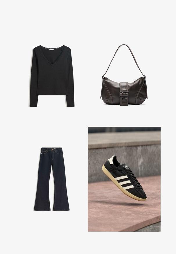 Sort langærmet top lavet af blødt stof. Har en dyb V-hals med scallop-besat kant og en tætsiddende silhuet. Ingen synlige mønstre.; Mørke denim flare jeans med høj talje, kontrastsyede sømme, knaplukning og fire lommer. Buksebenene bliver bredere ved kanten.; Sort Adidas sneaker med hvide striber og beige sål, fanget i luften over en stenet overflade og baggrund af en stenmur.; Brun læder skuldertaske med en buet form, der har et fremtrædende spænde, kontrasterende syninger og en enkelt skulderrem.