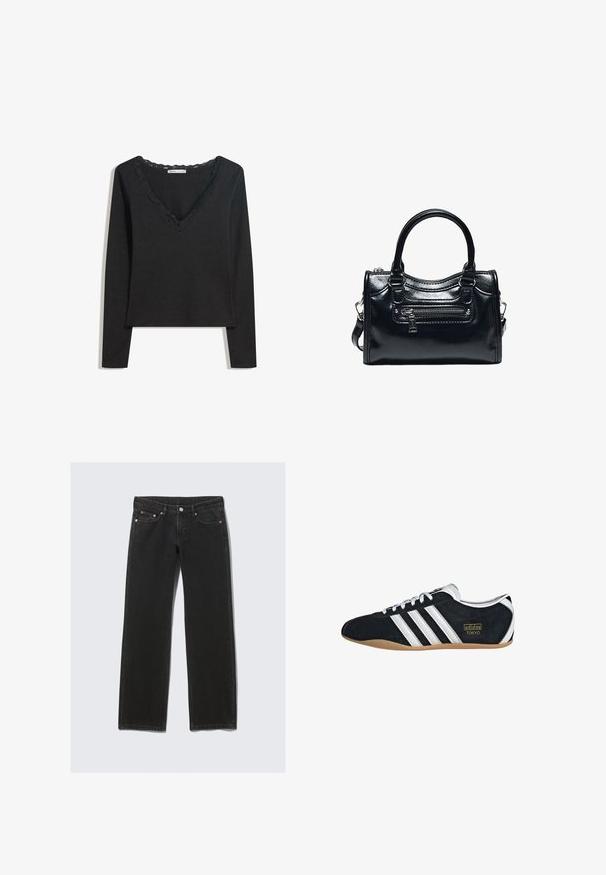 Sort langærmet top lavet af blødt stof. Har en dyb V-hals med scallop-besat kant og en tætsiddende silhuet. Ingen synlige mønstre.; Sorte straight-leg denim jeans med fem lommer, knaplukning og bæltestropper, vist fladt på en lys baggrund.; Sort ruskinds sneaker med hvide tre striber, guldlogo og en brun gummisål. Har et lavprofil snørebåndsdesign.; Sort skinnende læderhåndtaske med to håndtag, lynlåslomme foran og aftagelig skulderrem på hvid baggrund.