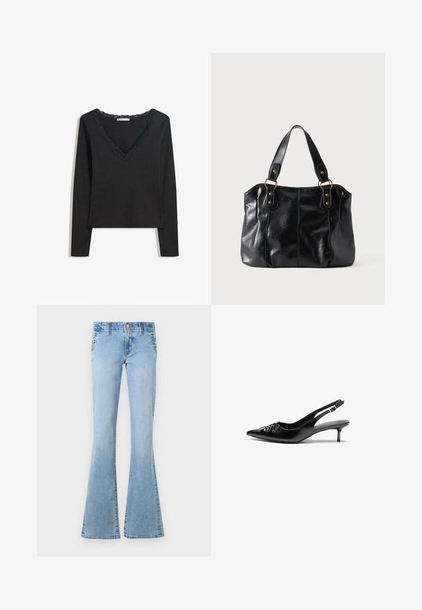 Sort langærmet top lavet af blødt stof. Har en dyb V-hals med scallop-besat kant og en tætsiddende silhuet. Ingen synlige mønstre.; Lyseblå højtaljede jeans i denim med udvidede ben og sølvfarvede knapper langs sidelommerne på en hvid baggrund.; Sorte læder slingback-pumps med spids tå, lav kitten-hæl og rynket detalje på overdelen. Glat tekstur og minimalistisk design.; Sort læder skuldertaske med dobbelte stropper fastgjort med gyldne ringe og nitter, glat og let skinnende overflade, enkelt design.