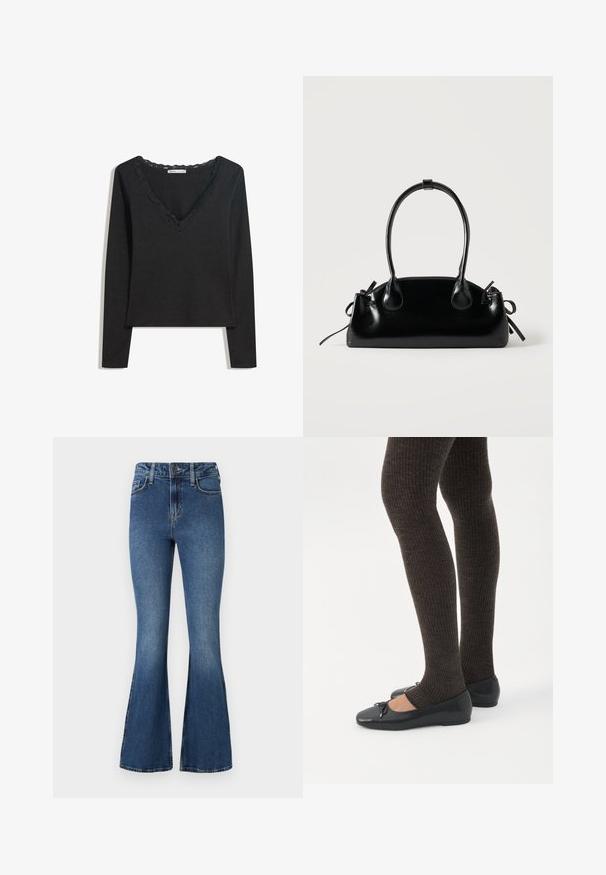 Sort langærmet top lavet af blødt stof. Har en dyb V-hals med scallop-besat kant og en tætsiddende silhuet. Ingen synlige mønstre.; Blå flared denimjeans med høj talje, der har et standard design med fem lommer og knaplukning. Blød tekstur med lettonede detaljer.; Ben iført mørke ribbede leggings kombineret med sorte balletsko med små sløjfedetaljer på hvid baggrund.; Lille sort blank håndtaske med to lange håndtag og snøre-detaljer i siden på en ensfarvet lys baggrund.