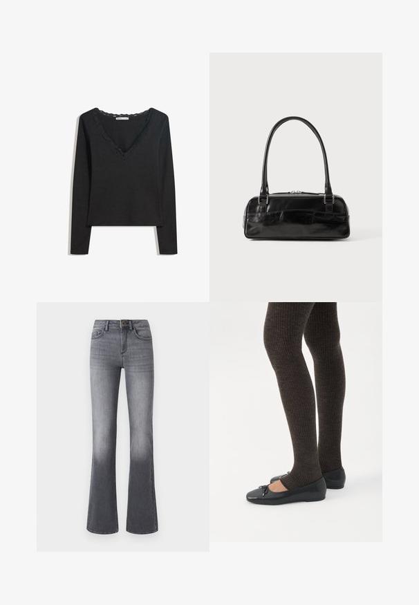 Sort langærmet top lavet af blødt stof. Har en dyb V-hals med scallop-besat kant og en tætsiddende silhuet. Ingen synlige mønstre.; Højtaljede, brede jeans i mørkegråt denim med forlommer, knaplukning og subtilt falmede effekter mod kanten.; Ben iført mørke ribbede leggings kombineret med sorte balletsko med små sløjfedetaljer på hvid baggrund.; Sort læderhåndtaske med rektangulær form, der har et enkelt struktureret håndtag, sølvhardware og lynlås-lukning. Glat tekstur.