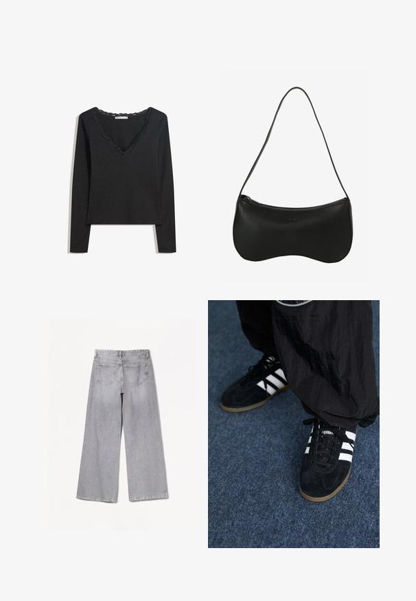 Sort langærmet top lavet af blødt stof. Har en dyb V-hals med scallop-besat kant og en tætsiddende silhuet. Ingen synlige mønstre.; Grå brede jeans med høj talje, der har en glat tekstur, to baglommer og subtile syninger.; Sorte suedetrainingssko med tre hvide striber og sorte snørebånd. Et tekstureret sort bukser er delvist synligt ved siden af skoene.; Sort skuldertaske i læder med buet form, lynlås og enkelt tynd skulderrem; glat tekstur og diskret præget logodetalje.