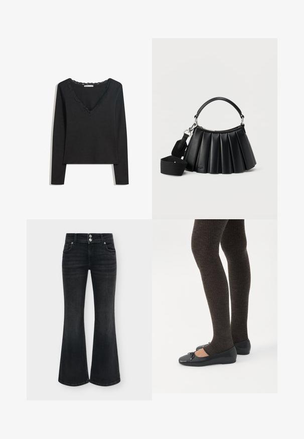 Sort langærmet top lavet af blødt stof. Har en dyb V-hals med scallop-besat kant og en tætsiddende silhuet. Ingen synlige mønstre.; Sorte højtaljede flare jeans med dobbelt sølv-knaplukning, forlommer og brede benåbninger mod en ensfarvet baggrund.; Ben iført mørke ribbede leggings kombineret med sorte balletsko med små sløjfedetaljer på hvid baggrund.; Sort læderhåndtaske med plissering, kort håndtag og aftagelig bred skulderrem i stof på hvid baggrund.