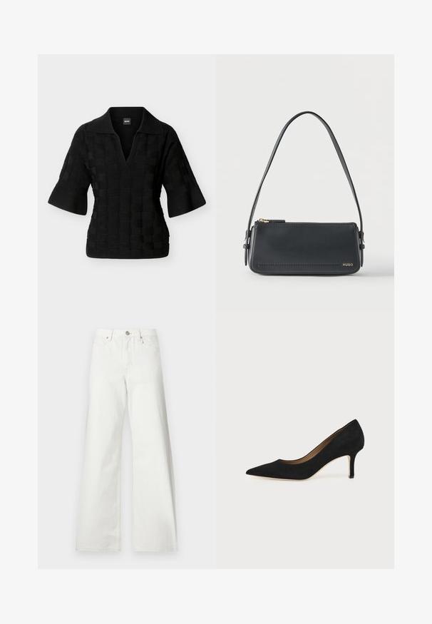 Polo en maille noire avec larges demi-manches et motif carré texturé, présentant un col en V profond et un col.; Jean blanc taille haute à jambes larges, fermeture à boutons devant, passants de ceinture et poches avant sur fond uni.; Escarpin en daim noir à bout pointu avec un talon stiletto fin de hauteur moyenne et un design à coupe basse sur un fond uni.; Sac à bandoulière rectangulaire en cuir noir avec fermeture éclair dorée et petit logo "HUGO" doré sur le devant, doté d'une sangle réglable avec boucle.