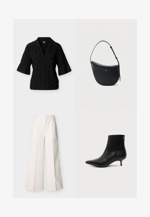 Polo en maille noire avec larges demi-manches et motif carré texturé, présentant un col en V profond et un col.; Pantalon à jambes larges en coton blanc, avec poches avant et coutures détaillées. Texture lisse avec un design épuré et minimaliste.; Bottine en cuir noir avec bout pointu et petit talon kitten sur fond clair, vue côté extérieur.; Sac à bandoulière en cuir noir en forme de demi-lune avec une bandoulière réglable et le logo doré « BOSS » centré sur le devant.