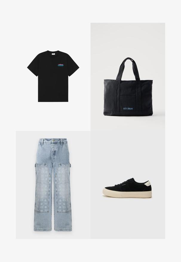 T-shirt noir à manches courtes avec col rond et petit logo "prince" rose et bleu sur la poitrine gauche.; Un pantalon cargo en denim bleu clair se distingue par sa coupe large, ses grandes poches à rabat et un imprimé floral discret sur les panneaux inférieurs, accompagné d'accents en métal doré.; Baskets en suède noir avec une épaisse semelle en caoutchouc beige, bout rond et lacets noirs. Présente un accent blanc au niveau du talon. Design simple et classique.; Sac cabas en toile noire avec deux anses, poche avant et "LES DEUX" brodé en bleu sur la poche avant.