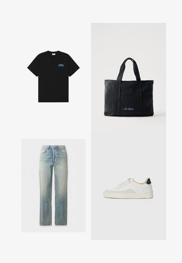 T-shirt noir à manches courtes avec col rond et petit logo "prince" rose et bleu sur la poitrine gauche.; Jean en denim délavé bleu clair avec coupe droite, fermeture à boutons et zip sur le devant, et design cinq poches.; Baskets blanches avec des accents en daim, bout arrondi, lacets plats et semelle en caoutchouc crème. Présente une marque verte sur le talon.; Sac cabas en toile noire avec deux anses, poche avant et "LES DEUX" brodé en bleu sur la poche avant.