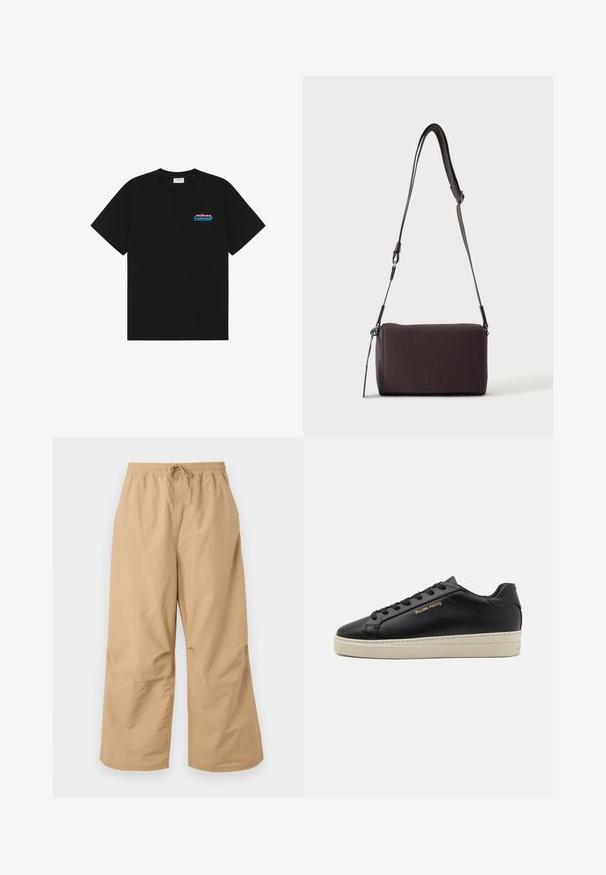 T-shirt noir à manches courtes avec col rond et petit logo "prince" rose et bleu sur la poitrine gauche.; Pantalons larges beiges en tissu léger, avec une taille élastique dotée d'un cordon de serrage et des accents cousus près de l'ourlet.; Sneaker en cuir noir avec une finition lisse, semelle crème contrastante, bout arrondi, logo doré sur le côté et six œillets pour les lacets.; Sac bandoulière en cuir marron foncé texturé avec une sangle réglable et un petit accent décoratif bleu sur le côté.