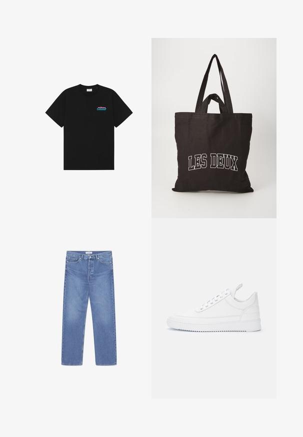 T-shirt noir à manches courtes avec col rond et petit logo "prince" rose et bleu sur la poitrine gauche.; WOOD WOOD WW TYPE 2 DENIM STRAIGHT LEG - Jean droit - ocean; Baskets basses blanches à fermeture lacée, détails surpiqués, languette au talon et semelle crantée sur un fond clair uni.; Sac fourre-tout en toile noire avec deux poignées robustes, avec un texte blanc indiquant "LES DEUX" à l'avant, texture lisse, forme rectangulaire.