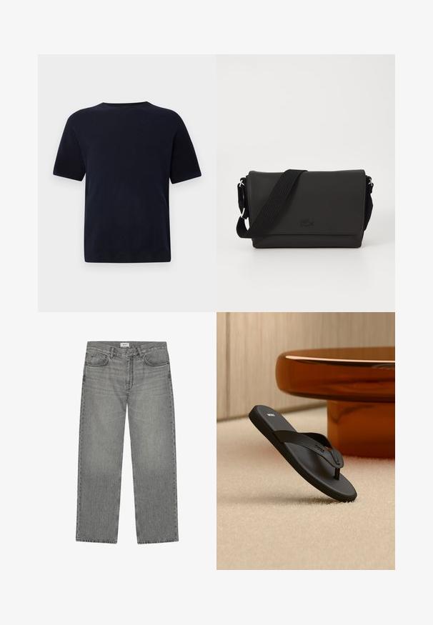 Marineblaue Baumwoll-T-Shirt mit Rundhalsausschnitt, kurzen Ärmeln und geradem Schnitt. Glatte Textur, keine sichtbaren Muster oder Akzente.; Graue Jeans mit geradem Bein, Vorder- und Gesäßtaschen, Gürtelschlaufen, Knopfverschluss und einem kleinen weißen Label am Bund.; Schwarze BOSS Flip-Flop Sandale auf einem beigen Teppich mit einem großen runden bernsteinfarbenen Tisch im Hintergrund.; Lacoste MESSENGER BAG MEN CLASSIC - Umhängetasche - noir
