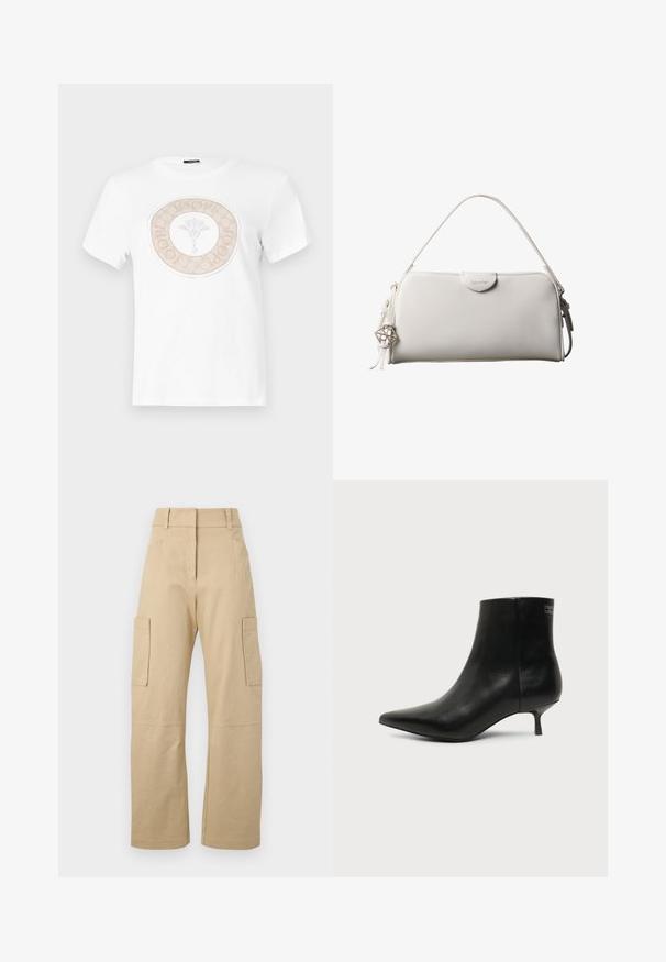 T-shirt en coton blanc avec un design de logo beige circulaire comprenant un motif floral au centre et du texte autour de la bordure.; Pantalons cargo beiges en coton, avec une taille haute, des jambes larges, deux poches latérales et deux grandes poches cargo sur les cuisses.; Bottine en cuir noir avec bout pointu et petit talon kitten sur fond clair, vue côté extérieur.; Sac à main rectangulaire blanc Calvin Klein avec une seule poignée, design minimaliste et pampilles décoratives avec un charm métallique géométrique sur le côté.
