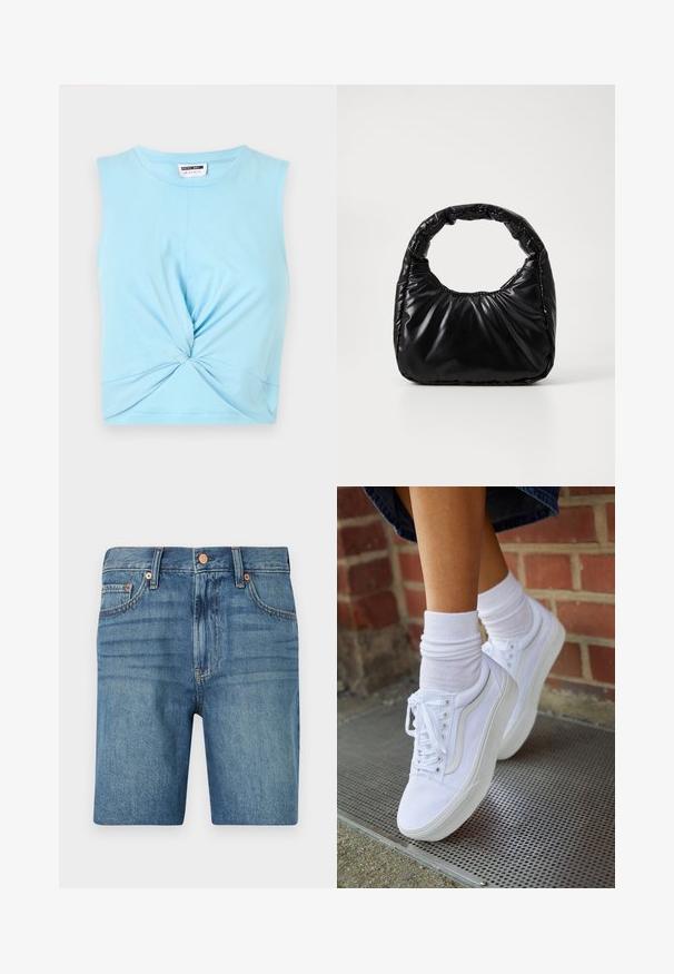 Hele sinine ilma varrukateta crop top, mis on valmistatud pehmest puuvillast, esiküljel on keeratud detail ja ümar kaelus.; Heledad teksapüksid helesinisena, klassikalise lõikega, viie taskuga ja pronksist aktsentidega kontrasti jaoks. Tekstuuriga, keskmise kaaluga kangas.; Valged kanvas tennisikud kummitaldadega, kuue silmaga, ümmarguse varbaga ja kergete tikandite detailidega, koos valgete pahkluusokkidega.; Must mustaga, millel on ümar käepide, särav ja sile pind ning pehme quiltitud tekstuur. Nähtavaid metallosi ega aktsente ei ole.
