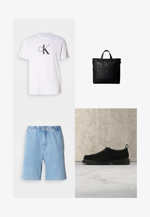 Weißes Baumwoll-T-Shirt mit einem auffälligen schwarzen 'cK'-Logo in fetter Schrift auf der Vorderseite. Kurze Ärmel mit einem klassischen Rundhalsausschnitt.; Helle blaue Jeansshorts mit elastischem Bund, vorderem Knopfverschluss, seitlichen Taschen und geradem Schnitt. Mittlere Oberschenkel-Länge.; Schwarzer Leder-Casual-Schuh mit Schnürsenkeln, dicker Sohle und Zuglasche, schwebt in der Luft über einem beigen Teppich vor braunen, runden Möbeln im Hintergrund.; Schwarze Tragetasche mit Doppelgriffen, großer vorderer Ledertasche mit Reißverschluss und dezentem Calvin Klein-Logo in der Mitte der Tasche.