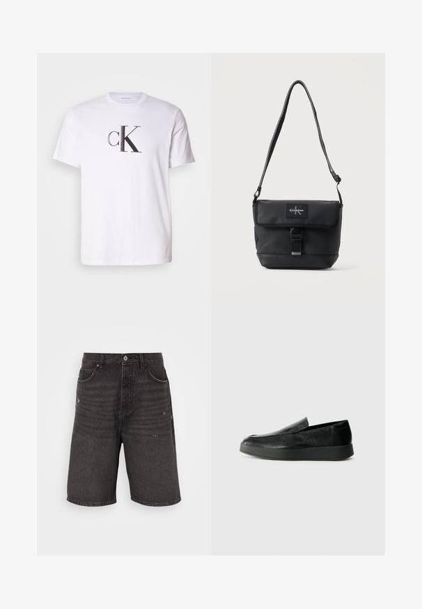 Weißes Baumwoll-T-Shirt mit einem auffälligen schwarzen 'cK'-Logo in fetter Schrift auf der Vorderseite. Kurze Ärmel mit einem klassischen Rundhalsausschnitt.; Schwarze Jeansshorts mit lockerer Passform, die über Fronttaschen, eine gebraucht aussehende Textur und einen klassischen Bund mit einem einzelnen Knopfverschluss verfügen.; Calvin Klein HYBRID CUP - Slipper - triple black; Schwarze Calvin Klein Schultertasche mit verstellbarem Riemen, Vorderklappe, Schnallenverschluss und sichtbarem Markenlogo-Patch.