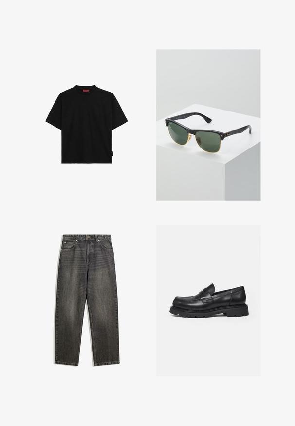 Schwarzes kurzärmliges T-Shirt aus Baumwolle mit Rundhalsausschnitt und einem kleinen Etikett an der Seite. Glatte Textur und gerader Schnitt.; Schwarze Jeans aus Denim mit entspannter Passform, fünf Taschen, Knopfverschluss und dezentem Verblassen in der Stoffstruktur.; Schwarzer Lederloafer mit dicker, profilierter Sohle und Pennyriemen-Detail, von der rechten Seitenansicht auf weißem Hintergrund gezeigt.; Ray-Ban Sonnenbrillen mit grünen Gläsern, schwarzen Kunststoffrahmen und goldenen Akzenten an den Rändern. Quadratische Form mit matter Oberfläche.