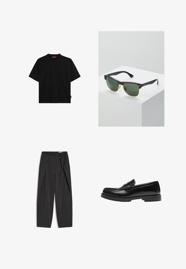 Schwarzes kurzärmliges T-Shirt aus Baumwolle mit Rundhalsausschnitt und einem kleinen Etikett an der Seite. Glatte Textur und gerader Schnitt.; Schwarze, maßgeschneiderte, hoch taillierte Hose mit Bügelfalten, Gürtelschlaufen und geradem Bein, flach auf weißem Hintergrund dargestellt.; Schwarzer Leder-Slipper mit dicker Gummisohle und klassischem Penny-Detail an der Riemen, von der Außenseite gezeigt.; Ray-Ban Sonnenbrillen mit grünen Gläsern, schwarzen Kunststoffrahmen und goldenen Akzenten an den Rändern. Quadratische Form mit matter Oberfläche.