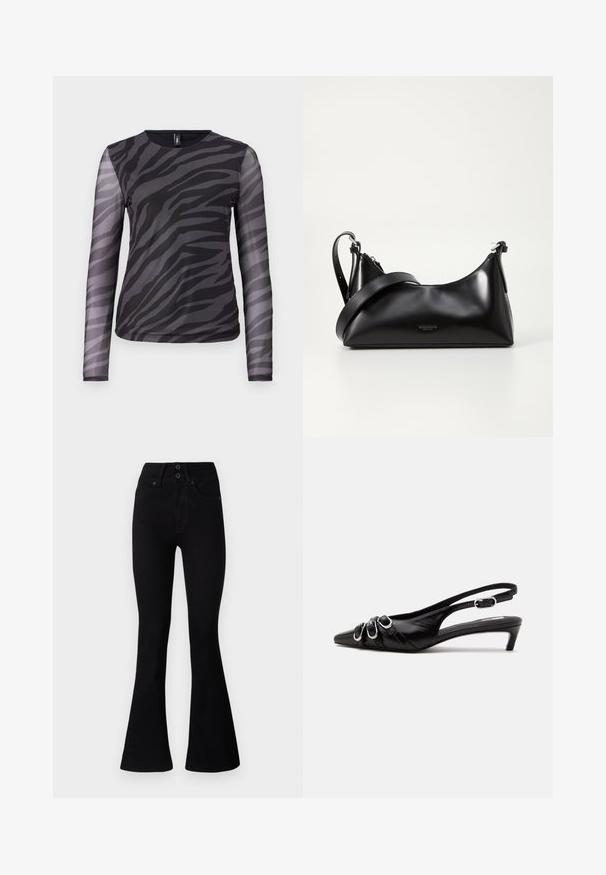 Dlhý rukáv top s čierno-sivým zebrovým vzorom, vyrobený z ľahkého sieťového materiálu s okrúhlym výstrihom.; Pepe Jeans FLARE CONTOUR - Zvonové džínsy - black denim; Čierna kožená slingback obuv so špicatou špičkou, tromi striebornými prackami vpredu a nízkym kitten podpätkom na bielom pozadí.; Čierna kožená kabelka s hladkou textúrou. Obsahuje nastaviteľný popruh a elegantný, minimalistický dizajn so zipsovým uzatvorením.