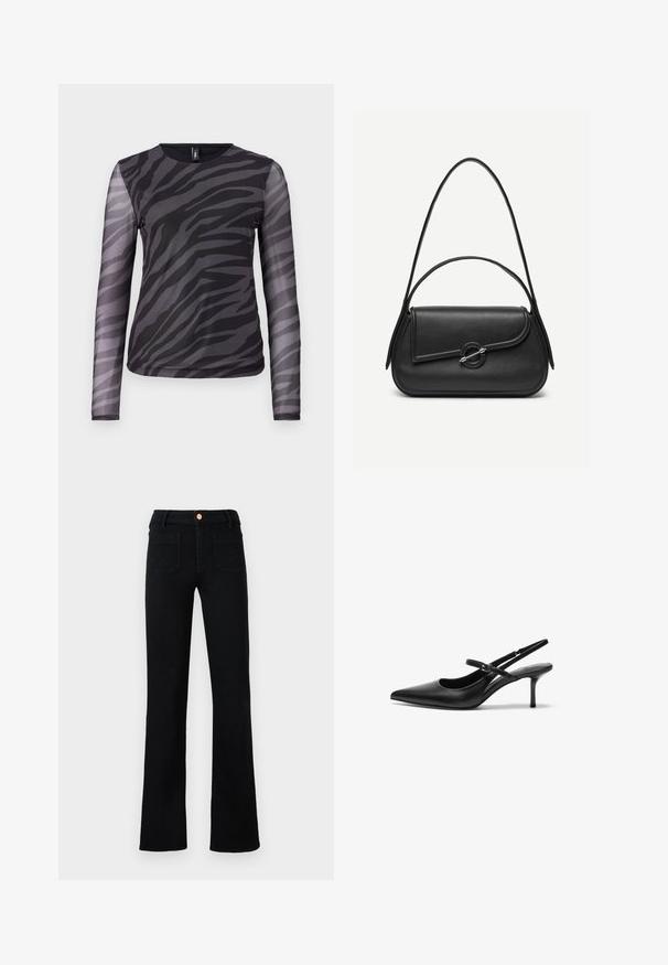 Langsleeve top met een zwart-grijs zebra streep patroon, gemaakt van lichtgewicht mesh materiaal met een ronde halslijn.; Zwarte hoge taille straight-leg jeans met voorzakken en een koperen knoopsluiting op een neutrale achtergrond.; Zwarte leren slingback hakken met een puntige neus, slanke verstelbare band en een ongeveer 5 cm hoge stiletto hak, met een gladde textuur.; Zwarte leren handtas met afgeronde hoeken, asymmetrische klep, metalen ronde sluiting en zowel korte als lange schouderriemen.