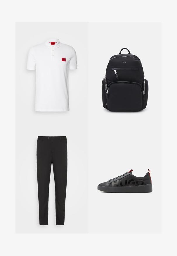 Witte polo gemaakt van katoen, met een drieknops sluiting, korte mouwen en een rood rechthoekig logopatch op de linker borst.; Zwarte, op maat gemaakte pantalons met een recht model, voorzakken en een knoopsluiting. Gemaakt van gladde stof met een lichte glans.; Zwarte lage sneaker met zwarte zool, zwarte veters, rode treklussen en grote zwarte "HUGO" tekst aan de zijkant.; Zwarte nylon rugzak met een gladde textuur, ritscompartimenten, een opvallend logo, verstelbare schouderbanden en een handvat aan de bovenkant voor gemak.