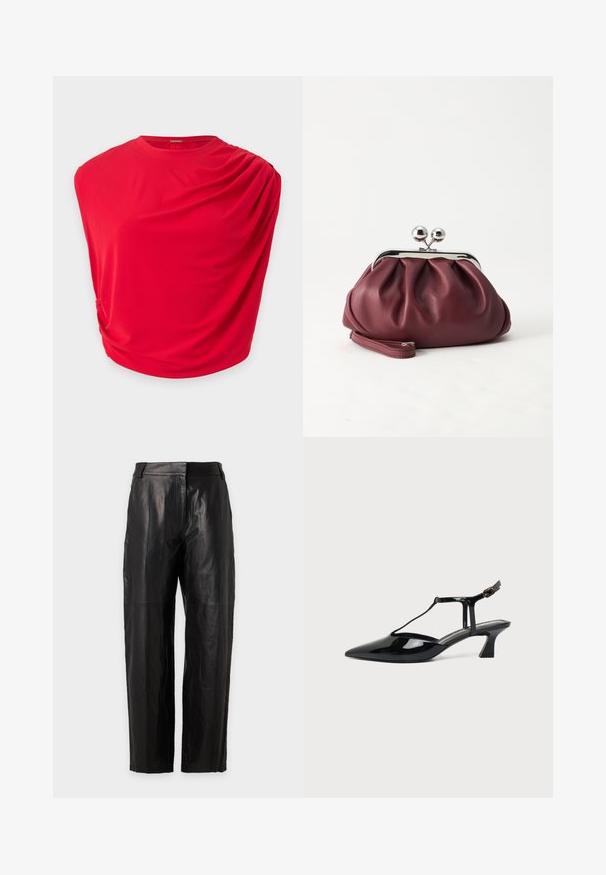 Top rouge sans manches avec un détail de tissu drapé sur une épaule et un col rond.; Pantalon en cuir noir taille haute à jambe droite avec passants de ceinture et détail de couture devant, présenté sur fond uni.; Chaussure slingback en cuir verni noir à bout pointu avec bride en T et petit talon bloc incliné sur fond blanc.; Petit sac pochette en cuir bordeaux avec fermoir métallique argenté et bracelet sur fond blanc.