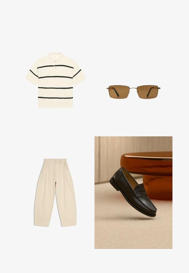Korte mouwen polo shirt, wafelstructuur, crème kleur met zwarte horizontale strepen, drie-knopen sluiting, ribbelkraag en -zoom.; Beige, wijde broek met hoge taille, plooien, zijzakken, riemlussen en knoopsluiting aan de voorkant van de tailleband.; Zwarte leren loaferschoen zwevend boven een beige tapijt met amberkleurige moderne meubels op de achtergrond.; Rechthoekige zonnebril met dunne gouden metalen monturen en bruin getinte glazen, afgebeeld tegen een witte achtergrond.
