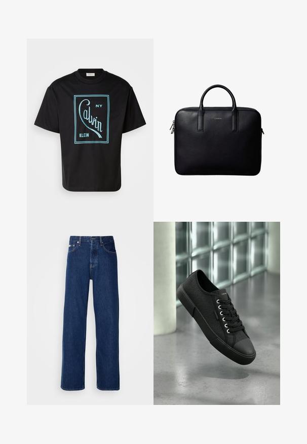 Sort bomulds T-shirt med et iøjnefaldende turkise grafisk design, der viser "Calvin Klein NY" inden for en rektangulær kontur. Korte ærmer.; Mørkeblå denimjeans med et bredt ben-design, der har en knaplukning og klassisk fem-lomme styling. Stoffet har en glat tekstur.; Sort lavt snøresko med tekstureret mønster, sort sål og snørebånd, svævende over en poleret betongulv nær glasblokke.; Sort lædermappe med dobbelte håndtag, rektangulær form og sølvfarvede lynlås træk, med en lille præget logo i midten.