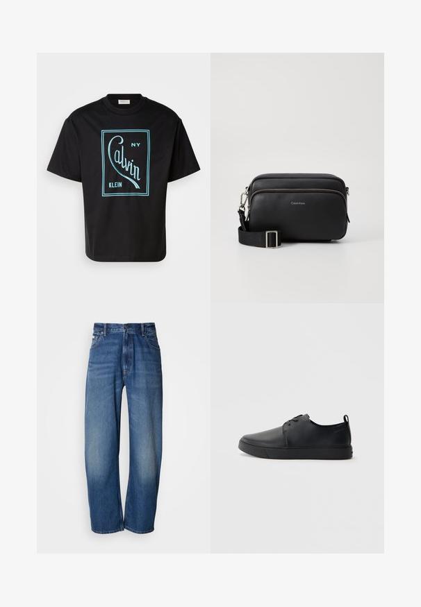 Camiseta de algodón negra con un atrevido diseño gráfico turquesa que dice "Calvin Klein NY" dentro de un contorno rectangular. Mangas cortas.; Jeans vaqueros de pierna ancha en un tono azul medio. Cuentan con cremallera, cinco bolsillos y un ligero desgaste para un aspecto usado. Detalle clásico de costuras.; Zapatilla negra de cuero con acabado suave, punta redondeada, costuras a tono, cordones en la parte delantera y suela de goma plana. Asa en el talón.; Bolso bandolera de cuero negro con dos compartimentos con cremallera, acabado texturizado, correa ajustable y acentos de hardware en plata. Logo de Calvin Klein exhibido.