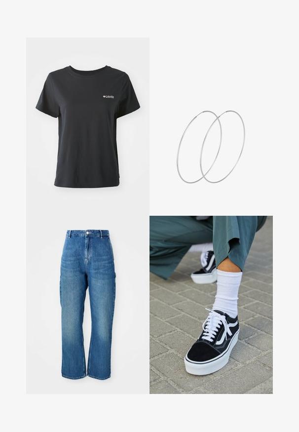 Čierne bavlnené tričko s krátkymi rukávmi, okrúhlym výstrihom a malým bielym logom Columbia Sportswear na ľavej strane hrudníka.; Jeany z modrého denimu s vysokým pásom, rovného strihu, s predným zapínaním na gombík a zips, a bočnými cargo vreckami na bielom pozadí.; Čierne semišové tenisky s bielymi akcentmi a šnúrkami, s hrubou bielou podrážkou a kontrastným prešívaním, doplnené o bielu ponožku.; Strieborné kruhové náušnice s minimalistickým dizajnom. Cirkulárny tvar, hladký povrch a tenký profil. Ľahké s lesklým povrchom.
