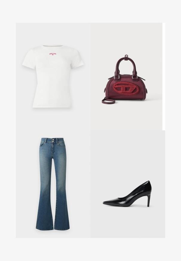 T-shirt blanc à manches courtes en côte, avec un petit texte rouge "GUESS JEANS" et un logo en forme d'étoile centrés près de l'encolure.; Jean en denim bleu taille haute avec jambes évasées, double boutonnière devant, poches avant et arrière, et délavage aux cuisses et aux parties basses des jambes.; Chaussure à talon haut en cuir noir avec un bout pointu, texture lisse et un talon effilé. Design minimaliste, sans embellissements supplémentaires.; Petit sac à main bordeaux à forme arrondie, avec double poignée et grand logo ovale rouge texturé sur le devant, sur fond uni.