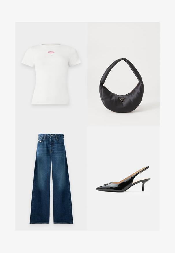 T-shirt blanc à manches courtes en côte, avec un petit texte rouge "GUESS JEANS" et un logo en forme d'étoile centrés près de l'encolure.; Jean en denim large à la coupe décontractée, dans un lavage foncé. Doté d'un design classique à cinq poches, avec fermeture à bouton et légère décoloration sur les cuisses.; Escarpin slingback en cuir verni noir avec bout pointu, petit talon kitten et bride à boucle argentée sur fond blanc uni.; Sac à main en satin noir avec une forme courbée, doté d'une fermeture à glissière et d'un logo triangulaire en métal à l'avant. Texture lisse et design épuré.