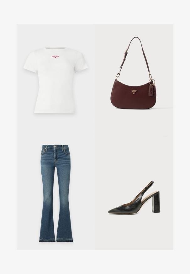 T-shirt blanc à manches courtes en côte, avec un petit texte rouge "GUESS JEANS" et un logo en forme d'étoile centrés près de l'encolure.; Jean évasé en denim bleu moyen avec taille haute, léger effet délavé, design à cinq poches et détails de couture visibles.; Chaussure slingback en cuir noir à bout pointu avec un talon bloc haut et une doublure intérieure beige sur un fond clair uni.; Sac à bandoulière en cuir marron foncé texturé avec bandoulière réglable, logo triangulaire Guess et deux étiquettes en cuir suspendues à des anneaux dorés.