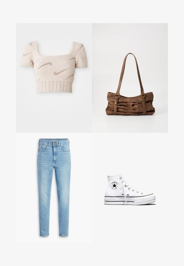 Kurzes, ärmelloses Oberteil aus weichem, strukturiertem Stoff. Hellrosa Farbe mit braunen, wellenförmigen Mustern. Quadrat-Ausschnitt und gerippter Saum.; Levi's® RETRO HIGH SKINNY DOUBLE BUTTON - Jeans Skinny Fit - straight out of levi's�; Weißer Converse Chuck Taylor All Star High-Top-Sneaker mit schwarzem Logo-Patch und weißen Schnürsenkeln, dargestellt auf weißem Hintergrund.; Even&Odd Handtasche - brown