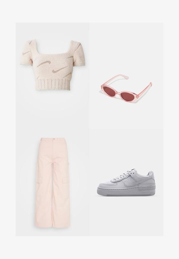 Top corto de manga corta en una tela suave y texturizada. Color rosa claro con patrones en forma de olas de color marrón. Escote cuadrado y dobladillo acanalado.; Weekday SIENNA TROUSER - Pantalones cargo - pink dusty light; Zapatilla Nike Air Force 1 gris con puntera perforada, parte superior de cuero suave, suela gruesa y detalle en relieve 'AIR' en el talón.; Gafas de sol transparentes rosas con lentes ovalados, tinte rojo oscuro y varillas delgadas, con un acabado suave y detalles sutiles en la montura.