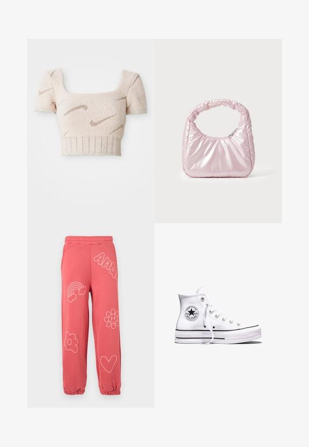 Top court à manches courtes en tissu doux et texturé. Couleur rose clair avec des motifs ondulés marron. Décolleté carré et ourlet côtelé.; Pantalon de survêtement corail rose avec taille et poignets élastiques, décoré de contours rose clair d'un arc-en-ciel, de fleurs, d'un cœur et du mot « Amor ».; Baskets blanches montantes Converse Chuck Taylor All Star avec des rayures noires et un patch logo sur le côté, présentées sur un fond blanc uni.; Sac à main rose rembourré avec un design arrondi, fabriqué à partir d'un matériau brillant. Dispose d'une poignée froncée et d'une fermeture éclair pour un accès sécurisé.