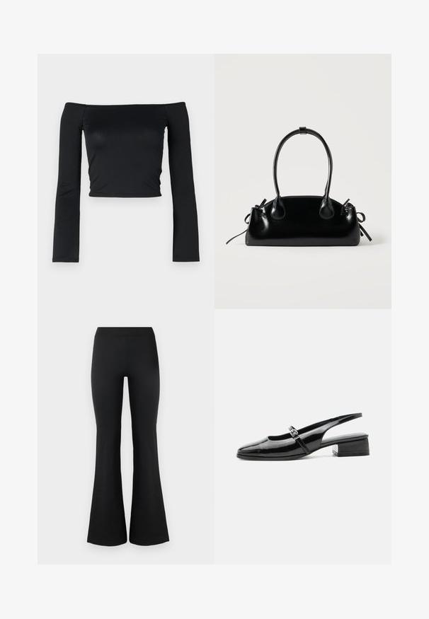 Top noir court avec des manches longues ajustées et un décolleté off-shoulder, fabriqué en tissu doux et lisse. Design simple et ajusté au corps.; Pantalons évasés noirs en tissu lisse et extensible. Dotés d'une taille haute et de bords évasés pour un look ajusté. Design simple.; Chaussure slingback en cuir verni noir avec un petit talon bloc et une fine bride avec une boucle argentée sur le dessus.; Petit sac à main noir brillant avec deux longues anses et des détails à cordon sur les côtés sur un fond clair uni.