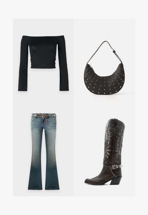 Top noir court avec des manches longues ajustées et un décolleté off-shoulder, fabriqué en tissu doux et lisse. Design simple et ajusté au corps.; Jean en denim évasé dégradé du bleu clair au bleu foncé, avec une ceinture brodée et un cordon brun pour plus de détails.; Botte de cowboy en cuir noir avec découpes décoratives, boucle argentée et talon incliné, présentée sur fond blanc.; Sac à main en cuir noir avec une forme arrondie, orné de clous en argent, doté d'une fermeture éclair et d'une seule sangle ajustable.