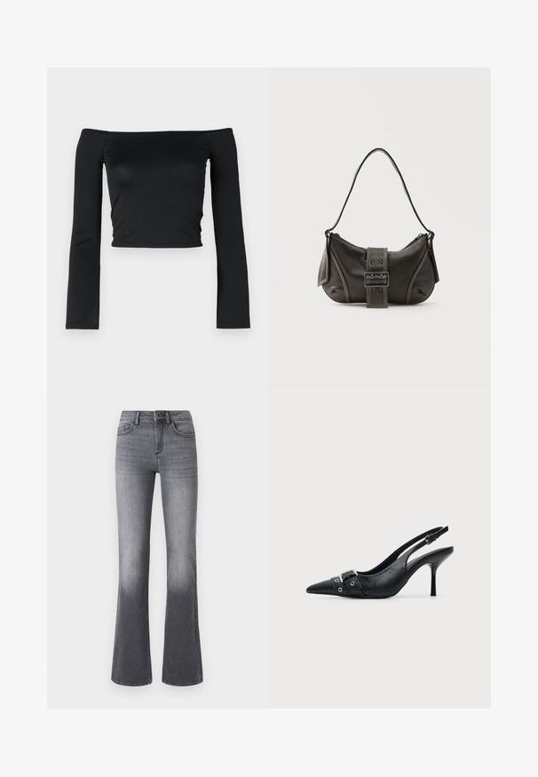 Top noir court avec des manches longues ajustées et un décolleté off-shoulder, fabriqué en tissu doux et lisse. Design simple et ajusté au corps.; Jean flare taille haute en denim gris foncé, avec poches frontales, fermeture à bouton et légère décoloration vers l'ourlet.; Escarpin slingback à talon haut en cuir noir avec bout pointu, boucle et détail de bride œillet à l'avant.; Sac à épaule en cuir noir avec une sangle à boucle, des bords arrondis et des coutures blanches contrastées sur un fond uni.
