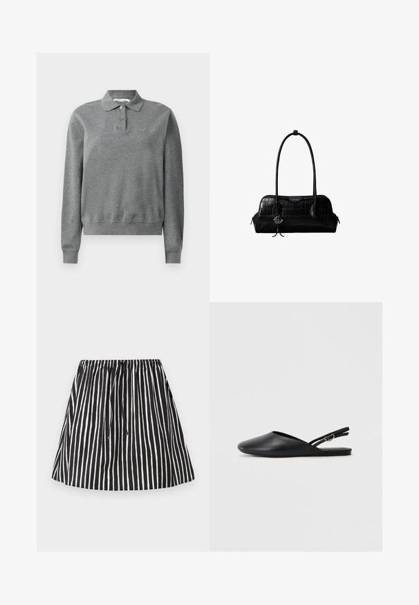 Polo gris de manga larga hecho de una tela suave, con un cuello clásico, una tapeta de botones y puños acanalados, con un corte relajado.; Falda de rayas verticales en blanco y negro con cintura elástica y cordón, silueta acampanada.; Zapatos de cuero negro tipo slingback con punta afilada, diseño curvado y correa ajustable con hebilla. Textura suave, suela plana y detalles mínimos.; Bolso de hombro negro de cuero con textura de cocodrilo, con correas largas y un pequeño colgante de logo plateado en una correa.