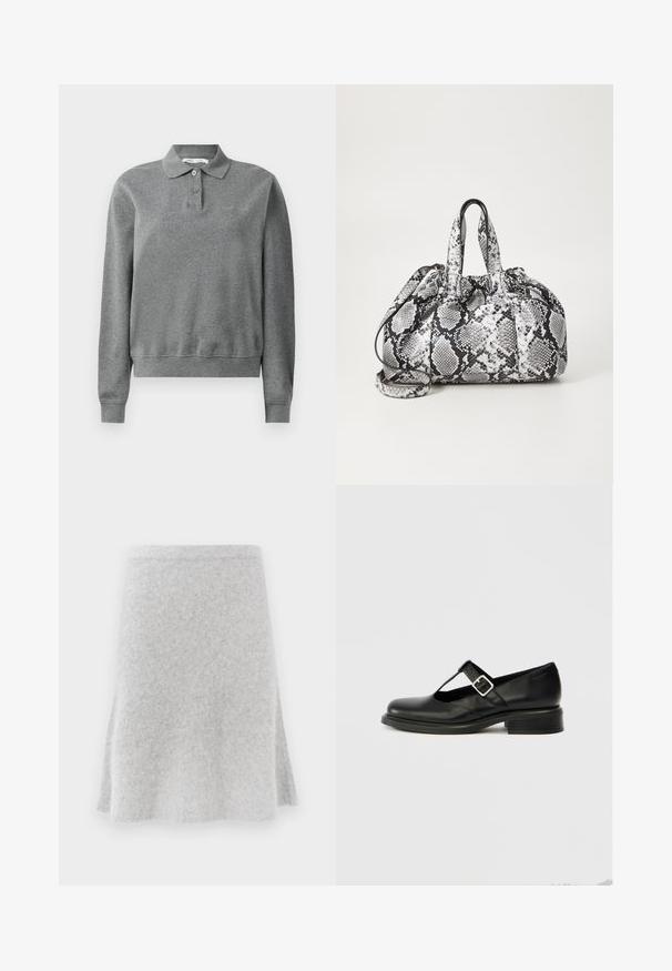 Polo gris à manches longues en tissu doux, avec un col classique, une patte de boutonnage et des poignets côtelés, offrant une coupe décontractée.; Jupe en tricot gris avec un design évasé, texture douce et taille confortable. Le tissu semble chaud et adapté à un usage décontracté.; Chaussure Mary Jane en cuir noir avec un bout rond, un design à bride en T, une boucle réglable et un petit talon empilé. Texture lisse avec peu de détails.; Sac à main en motif peau de serpent noir et blanc avec deux poignées, une fermeture à cordon et une bandoulière amovible. Texture lisse.