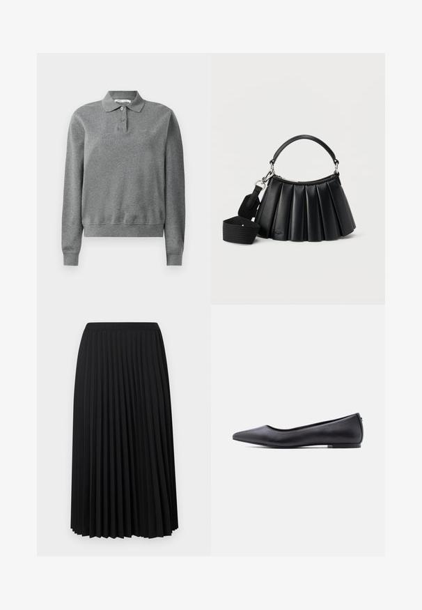 Polo gris de manga larga hecho de una tela suave, con un cuello clásico, una tapeta de botones y puños acanalados, con un corte relajado.; Falda midi negra plisada con cintura elástica. Presenta múltiples pliegues verticales para textura y movimiento. Hecha de una tela suave y ligera.; Zapato plano de cuero negro con punta puntiaguda y tacón bajo, mostrado de perfil contra un fondo blanco.; Bolso negro de cuero plisado con asa corta y correa de hombro ancha de tela desmontable sobre fondo blanco.