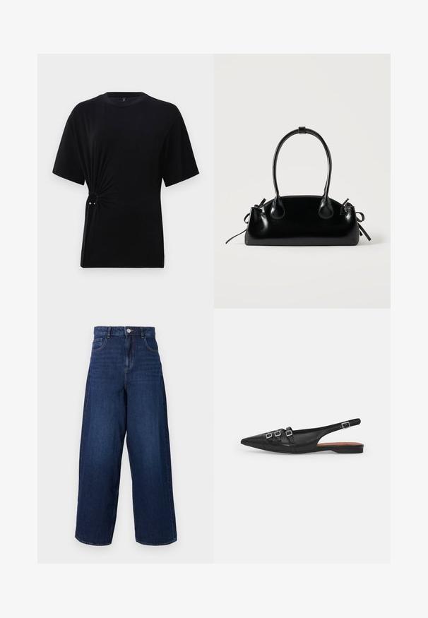 T-shirt noir à manches courtes en jersey doux, présentant un détail noué sur le côté avec un accent argenté. Encolure classique.; Jean en denim bleu foncé à jambes larges, taille haute, cinq poches et fermeture à bouton. Le tissu a une texture lisse avec un léger délavage.; Chaussure plate noire en cuir avec un bout pointu, dotée de deux lanières horizontales et de boucles carrées en argent, avec un faible talon et une texture lisse.; Petit sac à main noir brillant avec deux longues anses et des détails à cordon sur les côtés sur un fond clair uni.