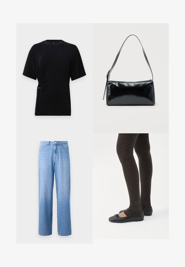 T-shirt noir à manches courtes en jersey doux, présentant un détail noué sur le côté avec un accent argenté. Encolure classique.; Jean en denim bleu clair à jambes larges avec une taille haute, cinq poches et une fermeture à bouton classique. Le tissu a une texture légèrement décolorée.; Jambes portant des leggings côtelés foncés associés à des ballerines noires avec de petits détails en nœud sur fond blanc.; Sac d'épaule rectangulaire noir avec une sangle réglable unique et une fermeture éclair supérieure sur un fond uni.