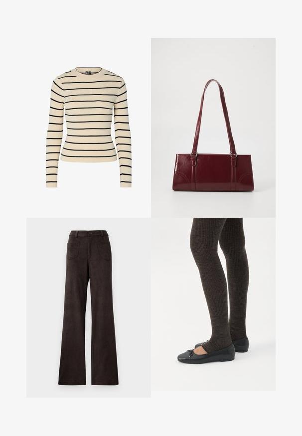 Pull crème côtelé avec des rayures horizontales noires, col rond et manches longues. Présente un design ajusté et une texture sans couture.; Pantalons à large jambe marron en tissu doux et texturé. Les caractéristiques incluent une fermeture à bouton et deux poches avant.; Jambes portant des leggings côtelés foncés associés à des ballerines noires avec de petits détails en nœud sur fond blanc.; Sac à main bordeaux en matériau brillant, de forme rectangulaire, avec deux anses et des accents légèrement courbés à l'avant.