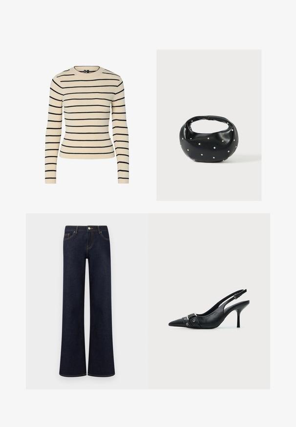 Pull crème côtelé avec des rayures horizontales noires, col rond et manches longues. Présente un design ajusté et une texture sans couture.; Jean en denim bleu foncé à jambes larges avec poches avant, fermeture par bouton et fermeture éclair, et coutures contrastantes visibles.; Escarpin slingback à talon haut en cuir noir avec bout pointu, boucle et détail de bride œillet à l'avant.; Sac à main en cuir noir de forme arrondie, décoré de clous argentés et équipé d'une poignée courte. Texture lisse et fermeture éclair.