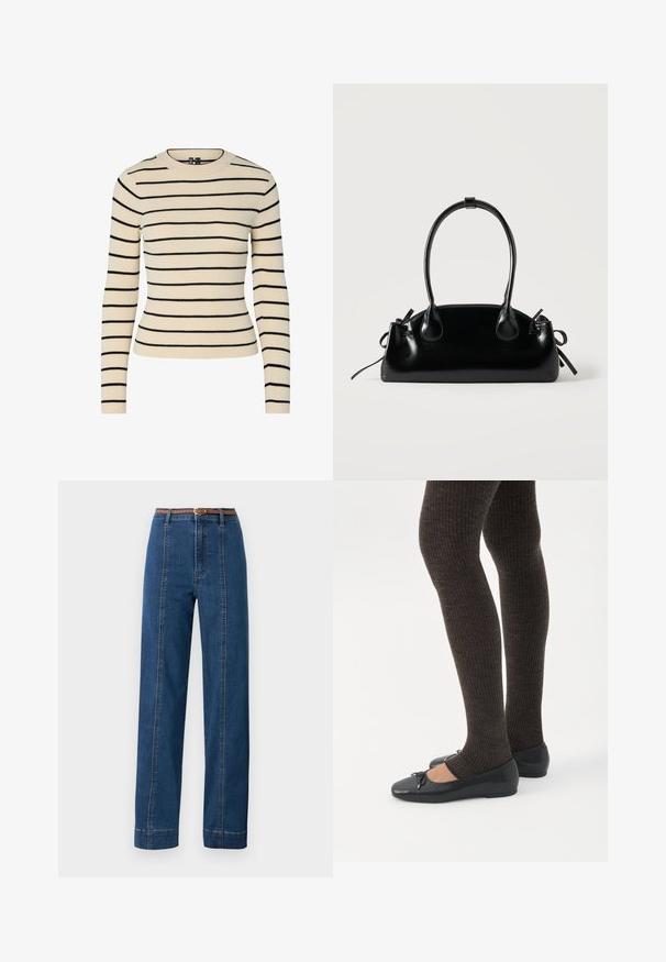 Pull crème côtelé avec des rayures horizontales noires, col rond et manches longues. Présente un design ajusté et une texture sans couture.; Jean en denim bleu foncé avec une coupe droite, taille haute et une ceinture tressée marron. Présente des coutures contrastées le long des coutures latérales.; Jambes portant des leggings côtelés foncés associés à des ballerines noires avec de petits détails en nœud sur fond blanc.; Petit sac à main noir brillant avec deux longues anses et des détails à cordon sur les côtés sur un fond clair uni.