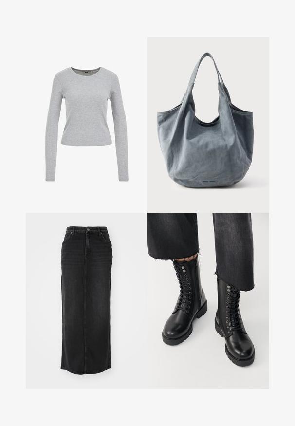 Grijze langwerpige shirt met lange mouwen, gemaakt van een gestructureerde katoenen mix, met een ronde halslijn en een aangesloten pasvorm. Geen zichtbare patronen of versieringen.; Zwarte denim maxi rok met een rechte snit, middelhoge taille, zakken aan de voorkant en zichtbare stiksels langs de naden.; Zwarte enkelboots met een zachte leren afwerking, vetersluiting aan de voorkant en een zijrits. Chunky zool en gedetailleerde veterogen voegen textuur toe.; Zachte grijze suède tote bag met een open bovenkant, gestructureerde vorm en twee gebogen handvatten. Voorzien van naadloze stiksels en een gladde textuur.