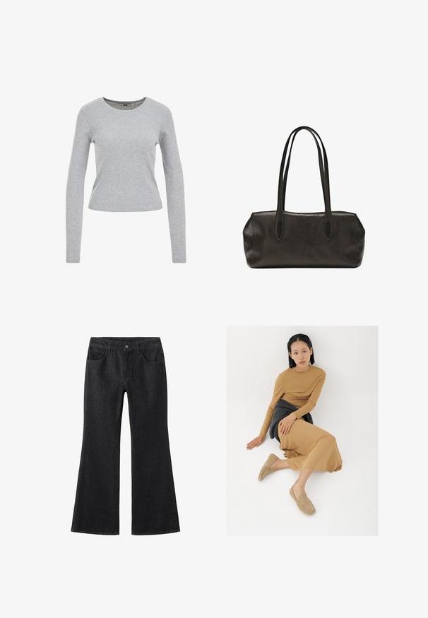 Grå langærmet skjorte lavet af en tekstureret bomuldsblanding, med en rund halsudskæring og en tætsiddende pasform. Ingen synlige mønstre eller udsmykninger.; Sorte denim flared jeans med høj talje, fem lommen design, kontrast syninger og klassisk knaplukning.; Ung kvinde med kort sort hår sidder på gulvet iført en tanfarvet langærmet kjole, beige loafers og en mørkegrå sweater bundet om livet.; Sort lædertaske i rektangulær form med lange dobbelte skulderremme og en struktureret overflade, vist mod en ensfarvet hvid baggrund.